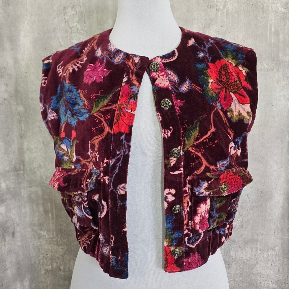 Ivy Jane Wine Velvet Floral Cropped Vest Burgundy Boho Button Front Elastic Hem